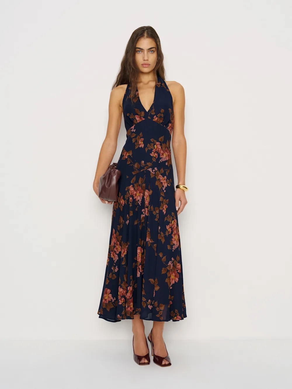 Reformation Briony Lyric Blue Floral Halter Backless Silk Dress